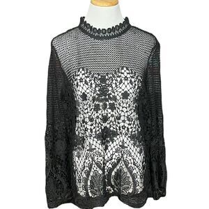 Bold Elements Black Crochet Lace Sheer Long Bell Sleeve Top XL